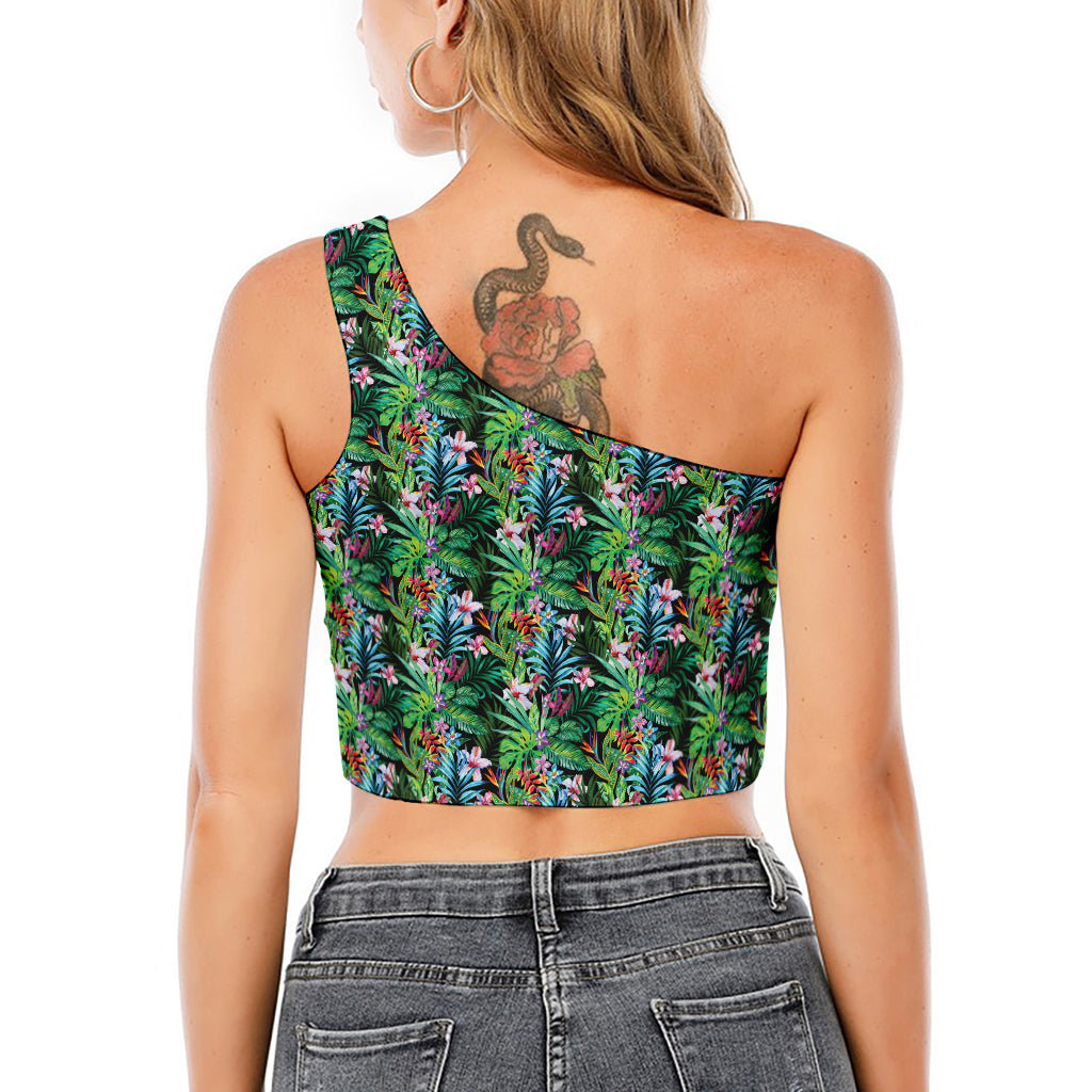 Tropical Palm And Hibiscus Print One Shoulder Crop Top