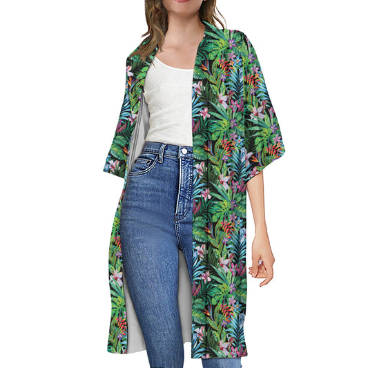 Tropical Palm And Hibiscus Print Open Front Beach Cover Up