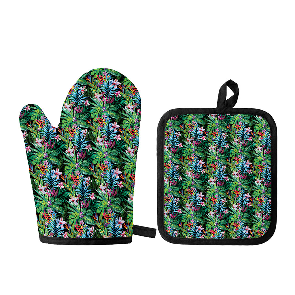 Tropical Palm And Hibiscus Print Oven Mitt And Pot Holder Set