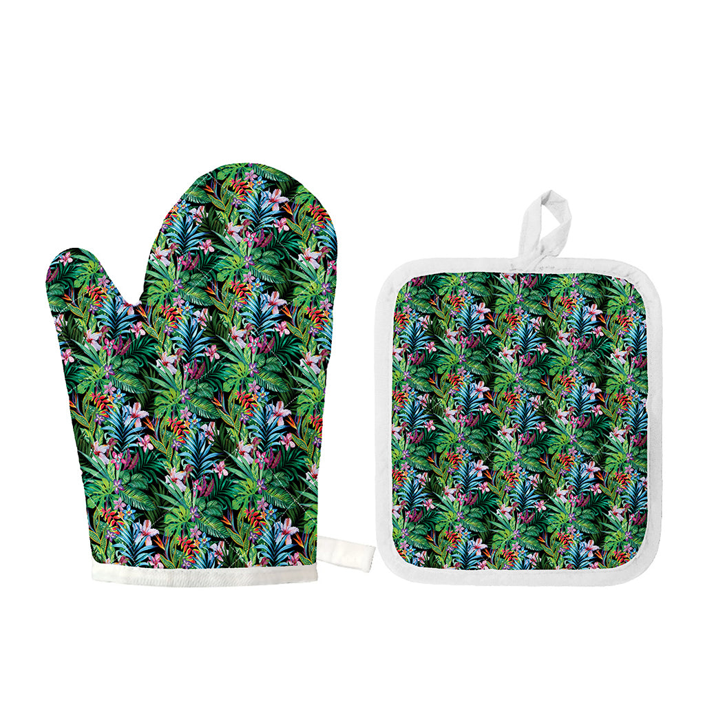 Tropical Palm And Hibiscus Print Oven Mitt And Pot Holder Set