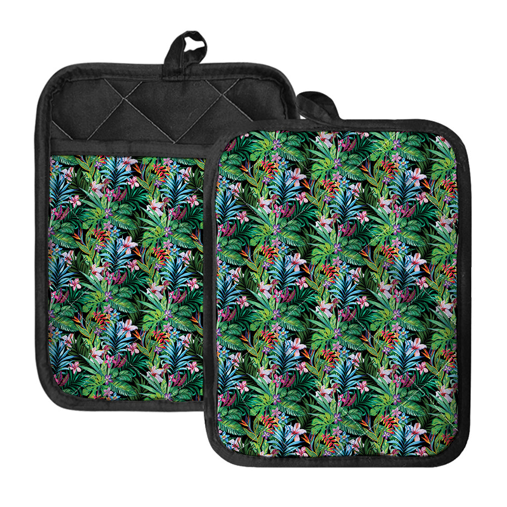Tropical Palm And Hibiscus Print Pot Holders With Pocket