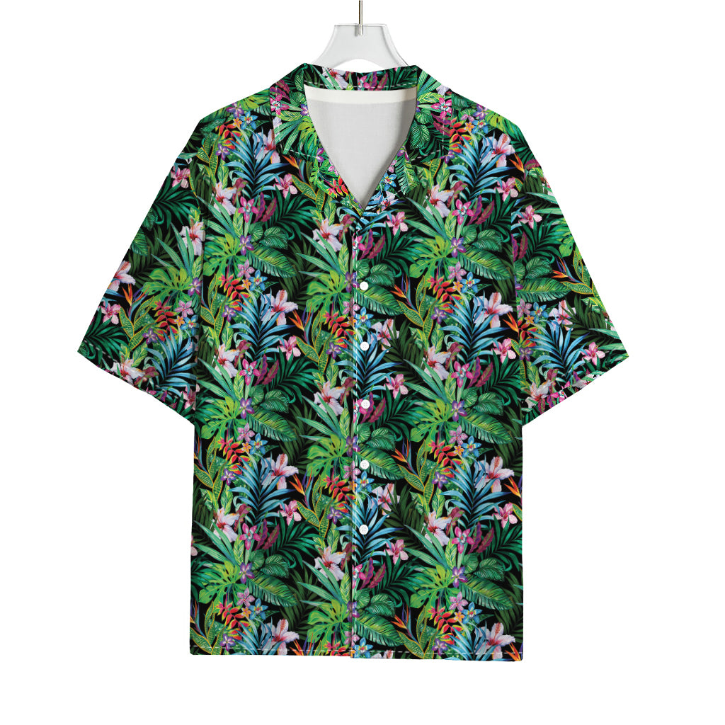 Tropical Palm And Hibiscus Print Rayon Hawaiian Shirt