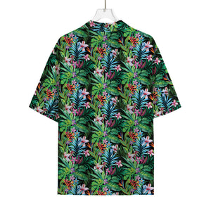 Tropical Palm And Hibiscus Print Rayon Hawaiian Shirt