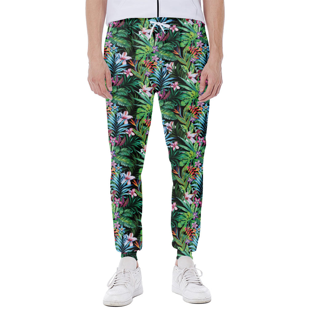 Tropical Palm And Hibiscus Print Scuba Joggers