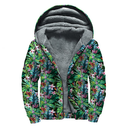 Tropical Palm And Hibiscus Print Sherpa Lined Zip Up Hoodie