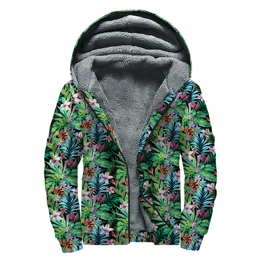 Tropical Palm And Hibiscus Print Sherpa Lined Zip Up Hoodie