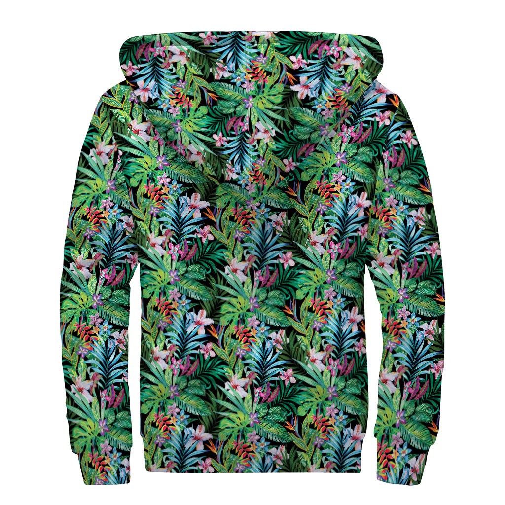 Tropical Palm And Hibiscus Print Sherpa Lined Zip Up Hoodie