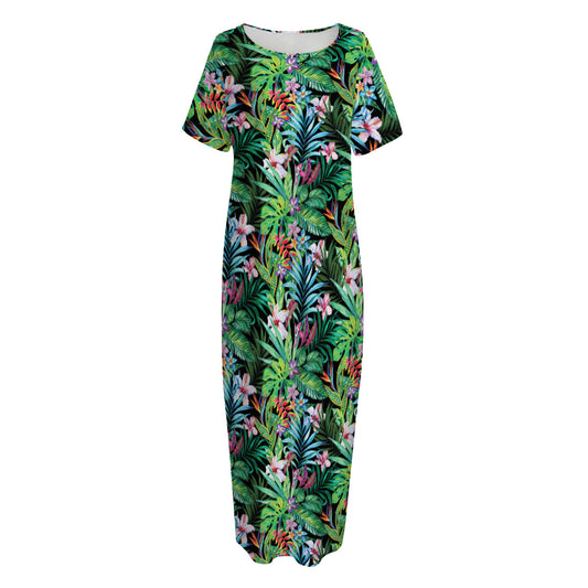 Tropical Palm And Hibiscus Print Short Sleeve Long Nightdress