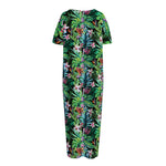 Tropical Palm And Hibiscus Print Short Sleeve Long Nightdress