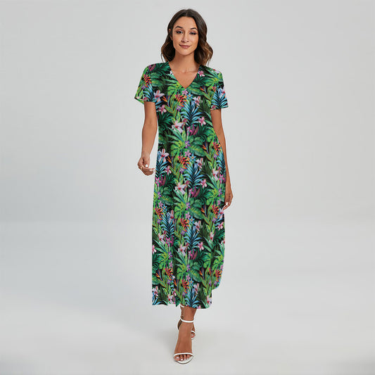 Tropical Palm And Hibiscus Print Short Sleeve Maxi Dress