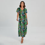 Tropical Palm And Hibiscus Print Short Sleeve Maxi Dress