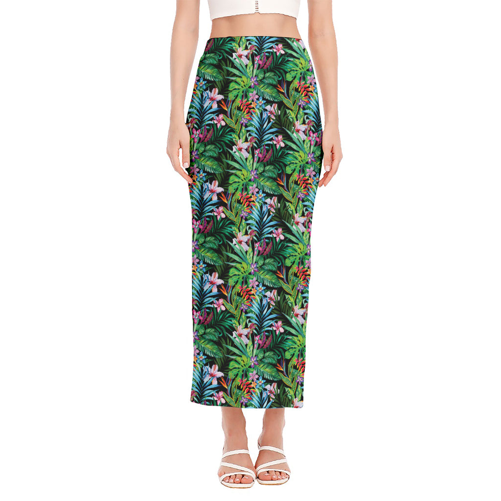 Tropical Palm And Hibiscus Print Side Slit Maxi Skirt
