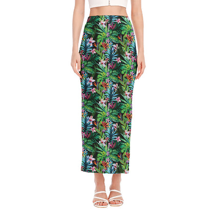 Tropical Palm And Hibiscus Print Side Slit Maxi Skirt