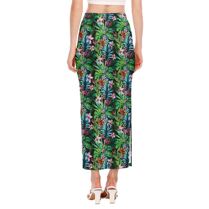 Tropical Palm And Hibiscus Print Side Slit Maxi Skirt