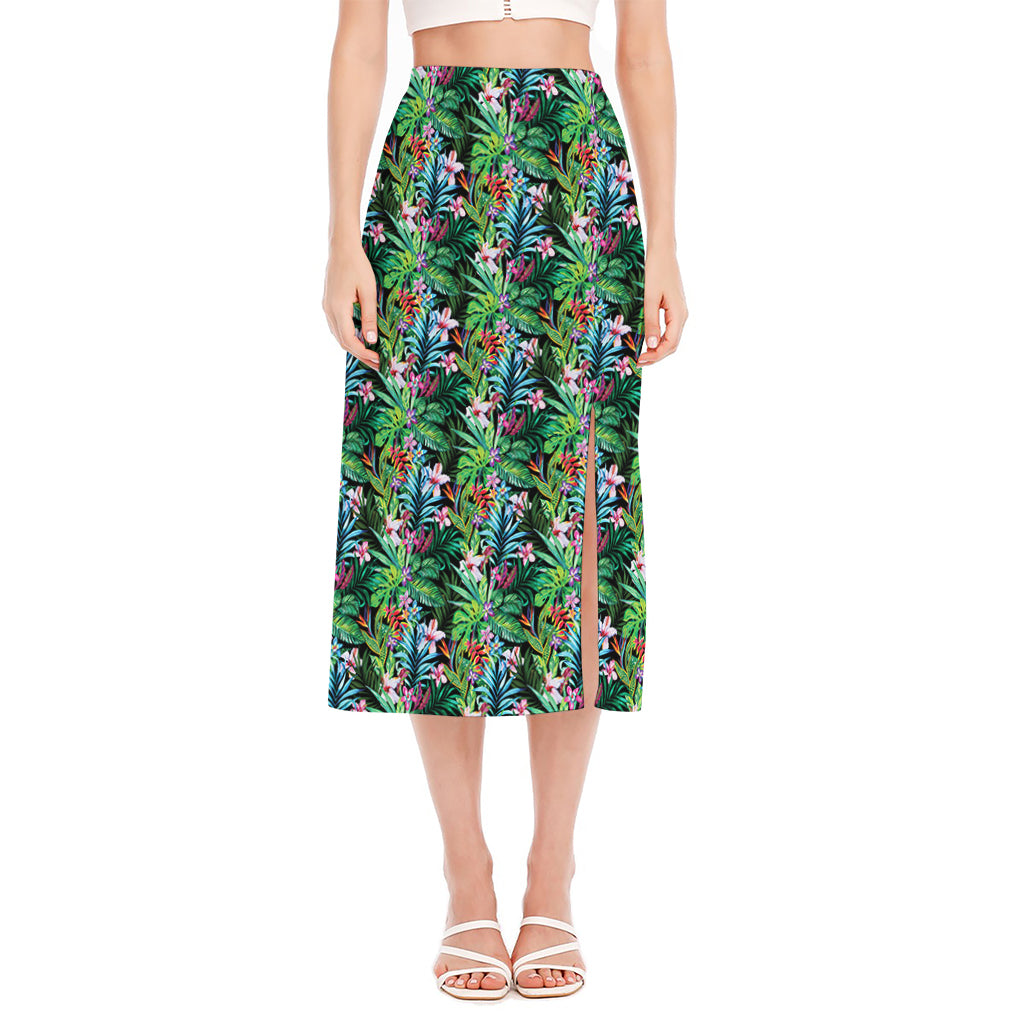 Tropical Palm And Hibiscus Print Side Slit Midi Skirt