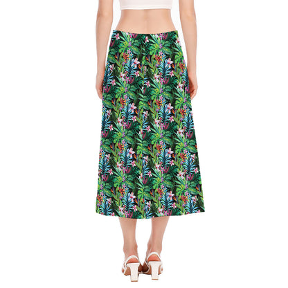 Tropical Palm And Hibiscus Print Side Slit Midi Skirt