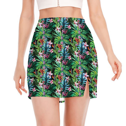 Tropical Palm And Hibiscus Print Side Slit Mini Skirt