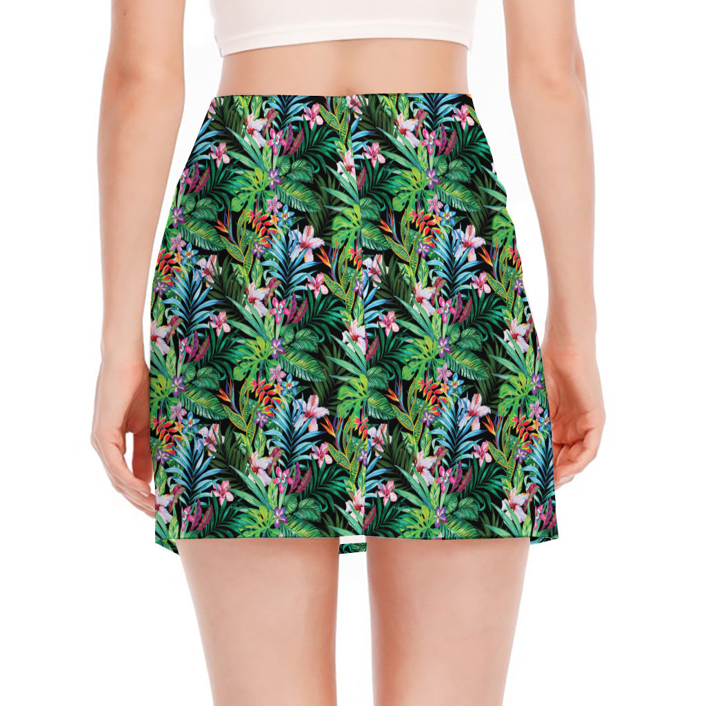 Tropical Palm And Hibiscus Print Side Slit Mini Skirt