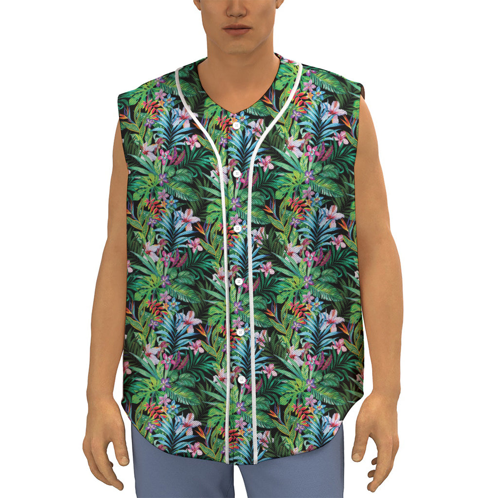 Tropical Palm And Hibiscus Print Sleeveless Baseball Jersey