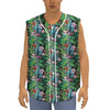 Tropical Palm And Hibiscus Print Sleeveless Baseball Jersey