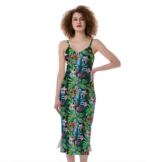 Tropical Palm And Hibiscus Print Slim Fit Midi Cami Dress