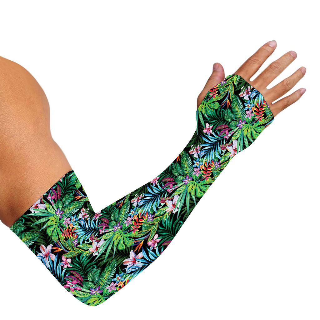 Tropical Palm And Hibiscus Print Sun Protection Arm Sleeves