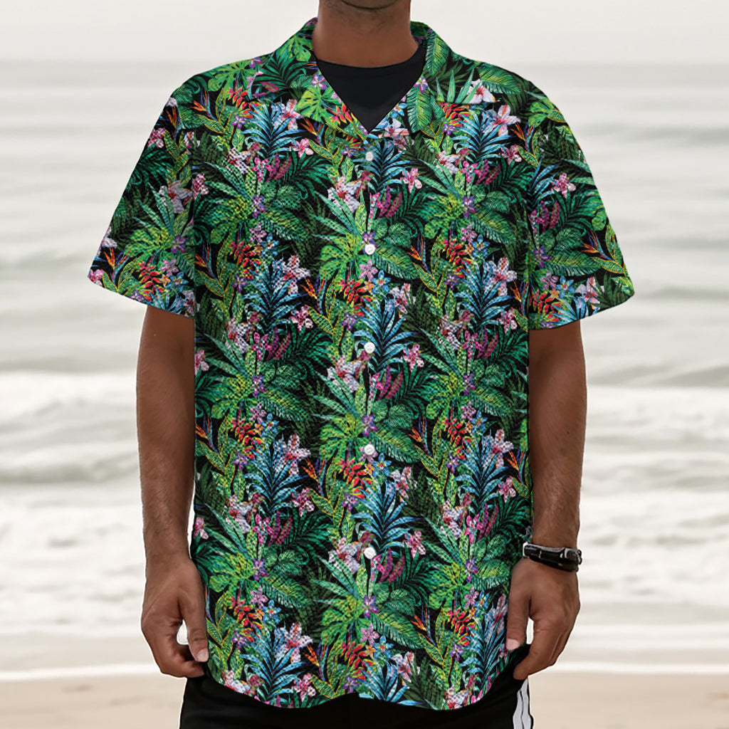 Tropical Palm And Hibiscus Print Textured Short Sleeve Shirt
