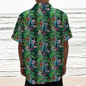 Tropical Palm And Hibiscus Print Textured Short Sleeve Shirt