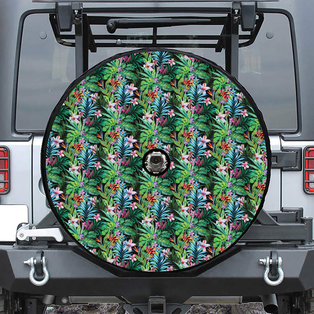 Tropical Palm And Hibiscus Print Tire Cover With Camera Hole