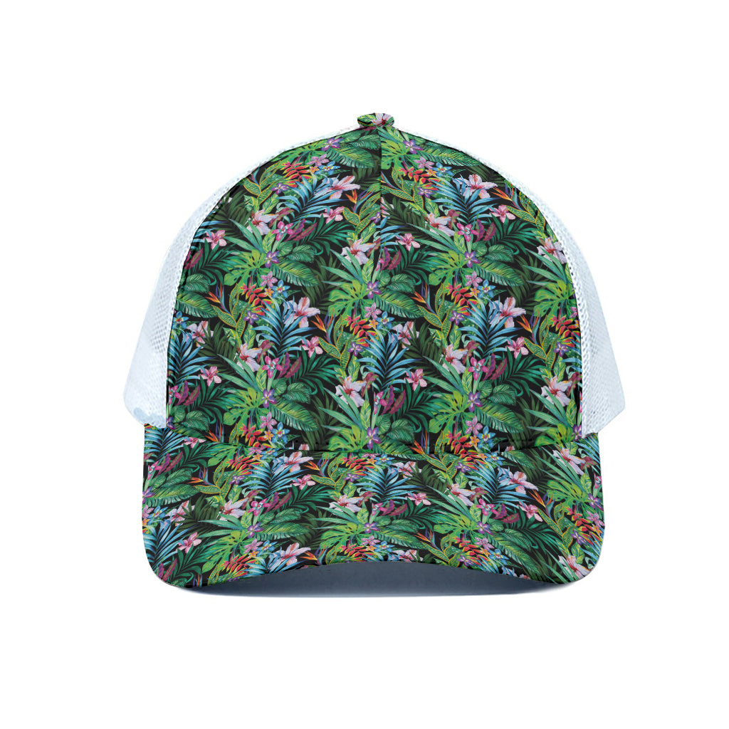 Tropical Palm And Hibiscus Print White Mesh Trucker Cap