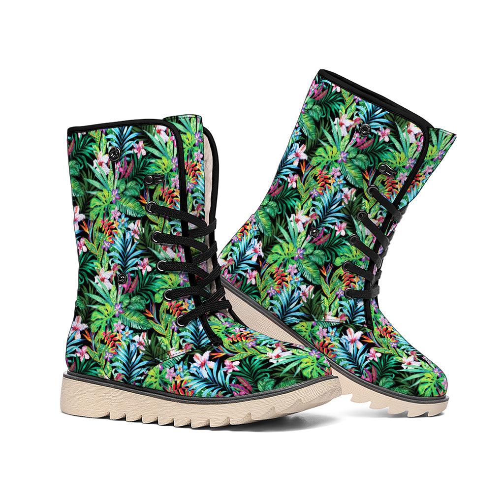 Tropical Palm And Hibiscus Print Winter Boots