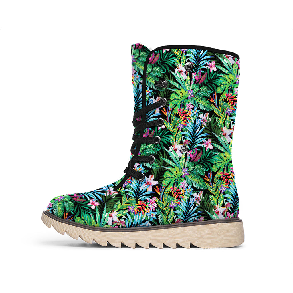 Tropical Palm And Hibiscus Print Winter Boots