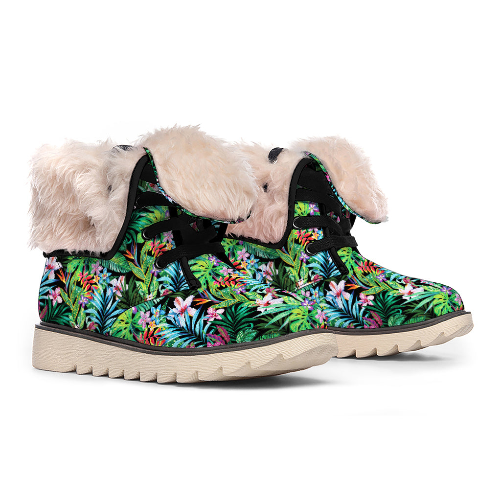 Tropical Palm And Hibiscus Print Winter Boots