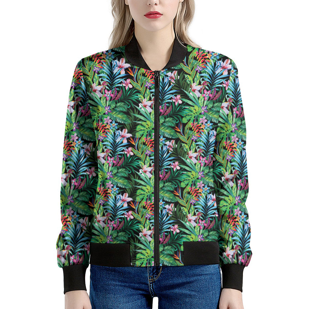 Tropical Palm And Hibiscus Print Women's Bomber Jacket