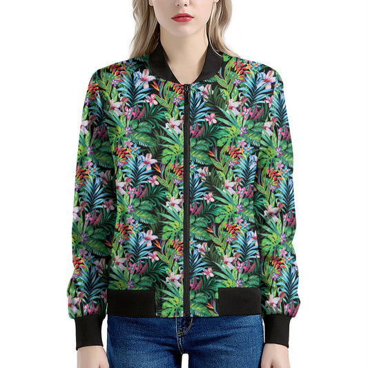 Tropical Palm And Hibiscus Print Women's Bomber Jacket