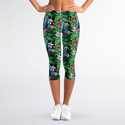 Tropical Palm And Hibiscus Print Women's Capri Leggings