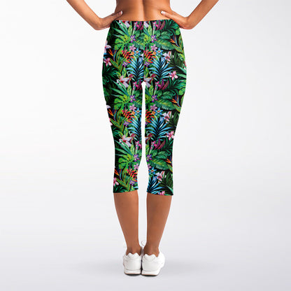 Tropical Palm And Hibiscus Print Women's Capri Leggings