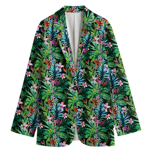 Tropical Palm And Hibiscus Print Women's Cotton Blazer