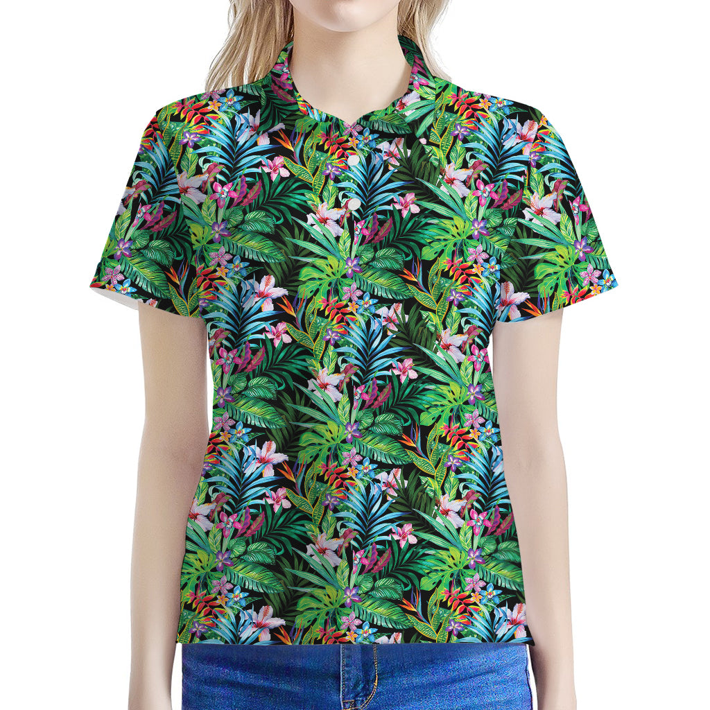 Tropical Palm And Hibiscus Print Women's Polo Shirt