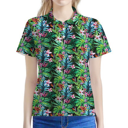 Tropical Palm And Hibiscus Print Women's Polo Shirt