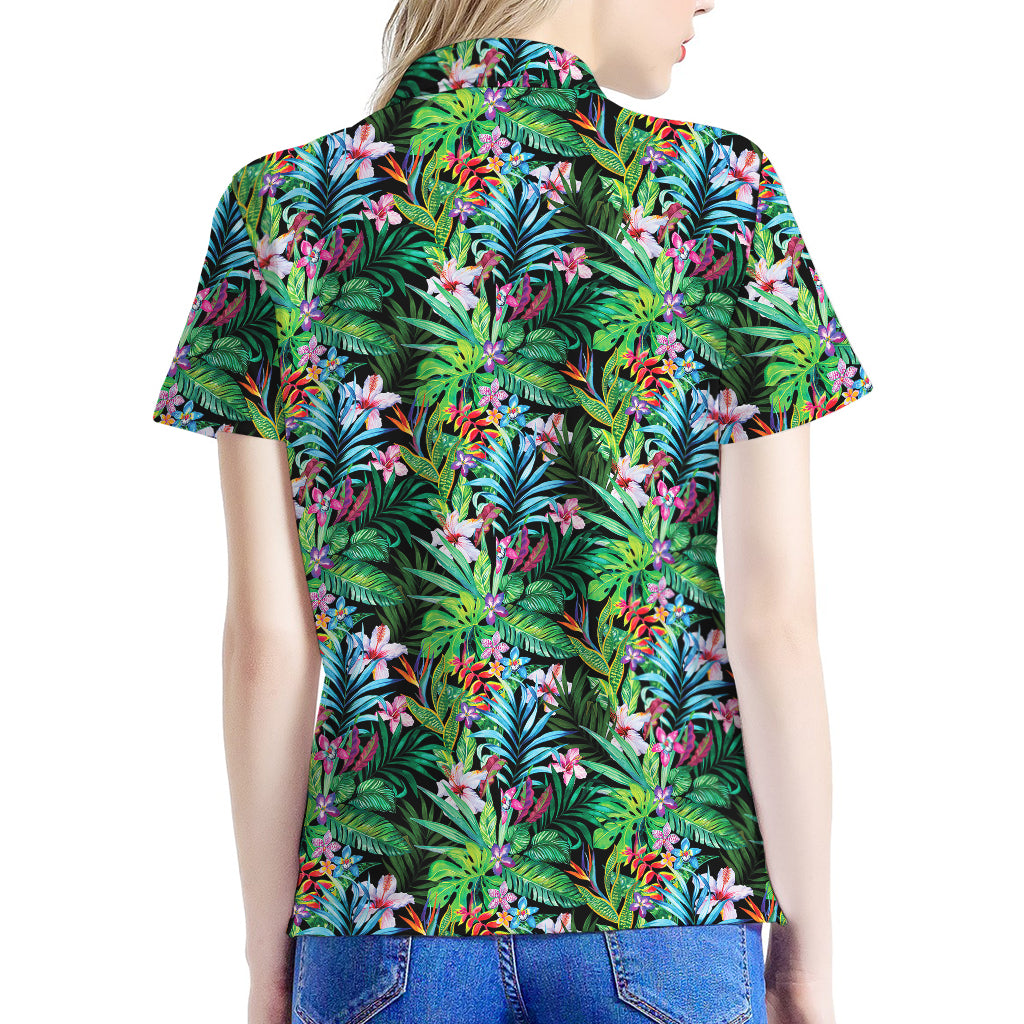 Tropical Palm And Hibiscus Print Women's Polo Shirt