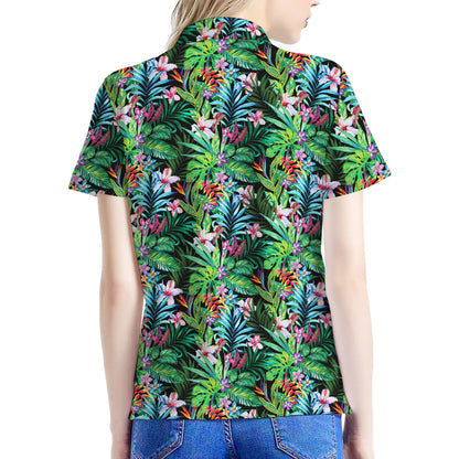 Tropical Palm And Hibiscus Print Women's Polo Shirt