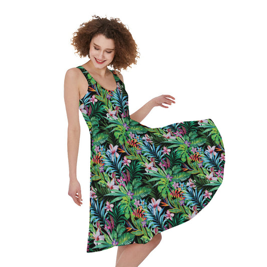 Tropical Palm And Hibiscus Print Women's Sleeveless Dress