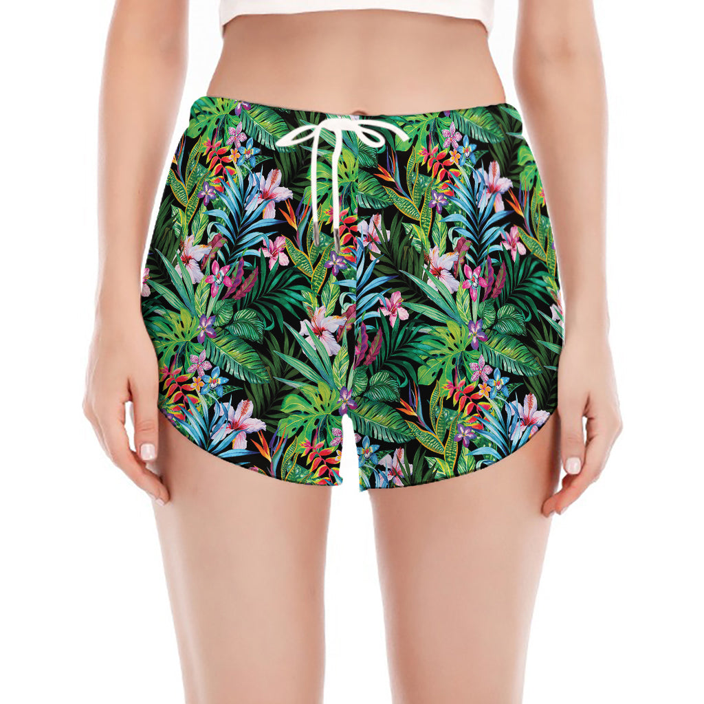 Tropical Palm And Hibiscus Print Women's Split Running Shorts