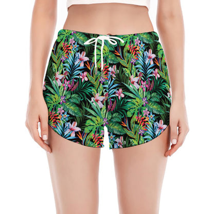 Tropical Palm And Hibiscus Print Women's Split Running Shorts