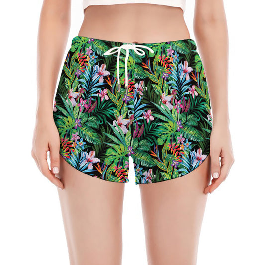 Tropical Palm And Hibiscus Print Women's Split Running Shorts