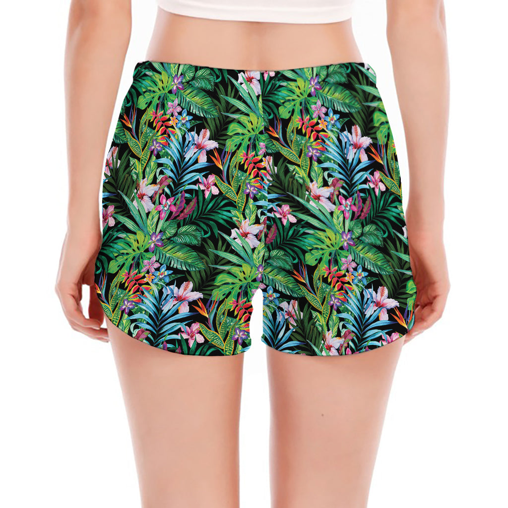 Tropical Palm And Hibiscus Print Women's Split Running Shorts