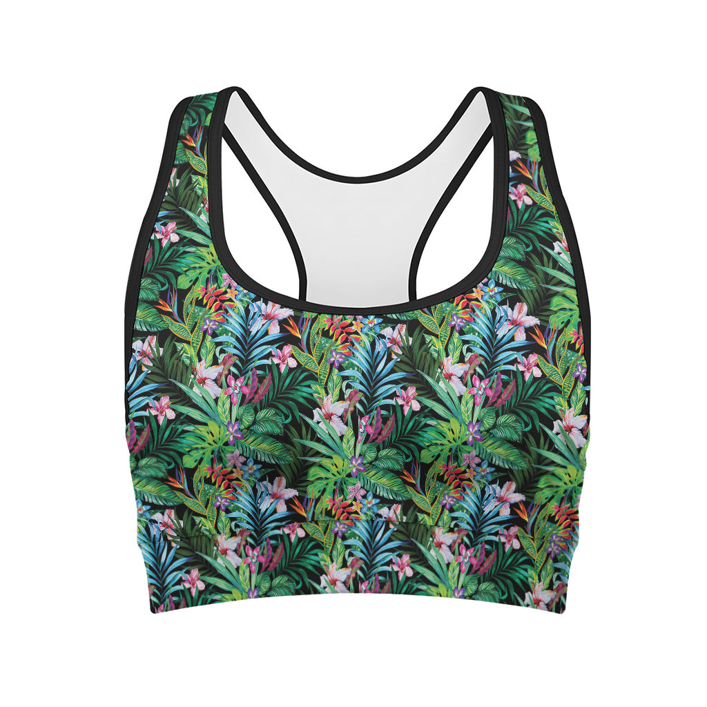 Tropical Palm And Hibiscus Print Women's Sports Bra
