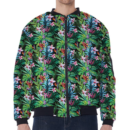 Tropical Palm And Hibiscus Print Zip Sleeve Bomber Jacket