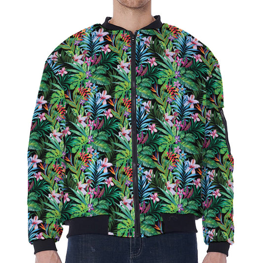 Tropical Palm And Hibiscus Print Zip Sleeve Bomber Jacket
